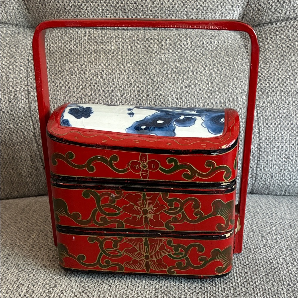 Red and Blue Decorative oriental jewelry Box with Handle.  Some defects